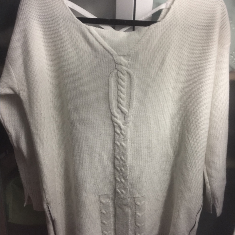 Long, white, knit Zara sweater
